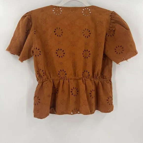 Zara Eyelet‎ Puff Sleeve Wrap Blouse Cinnamon Rust Size Small - Picture 3 of 5